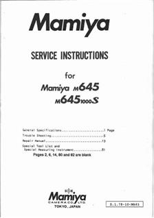Mamiya M 645 manual. Camera Instructions.